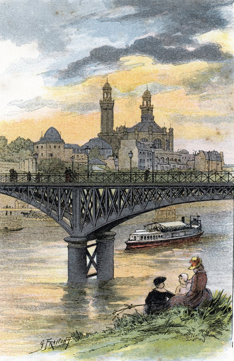 Vista da ponte pedonal de Passy (agora ponte de Bir Hakeim) em Paris Desenho de Gustave Fraipont (1849-1923) a partir de Saint-Juirs de Gustave Fraipont