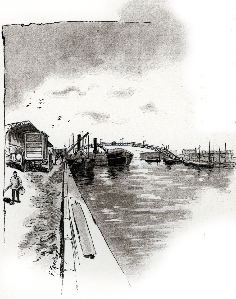 Vista da ponte pedonal do Canal de la Villette, Paris (Passarela do Canal de la Villette, Paris) Desenho de Gustave Fraipont (1849-1923) desenha de "La seine a travers Paris" de Saint-Juirs de Gustave Fraipont