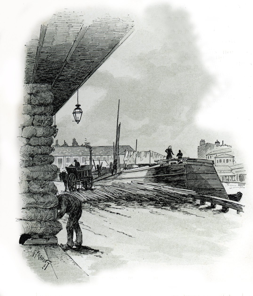 Vista dos hangares do porto de La Villette em Paris (Casas de barco e barracão do porto de La Villette, Paris) Desenho de Gustave Fraipont (1849-1923) Desenho de "La seine a travers Paris" de Saint-Juirs de Gustave Fraipont