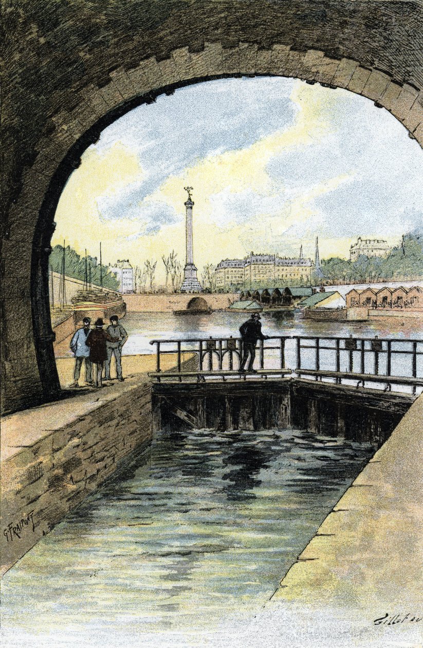 Vista da eclusa do Canal Saint Martin em Paris Desenho de Gustave Fraipont (1849-1923) de "La seine a travessa Paris" de Saint-Juirs de Gustave Fraipont