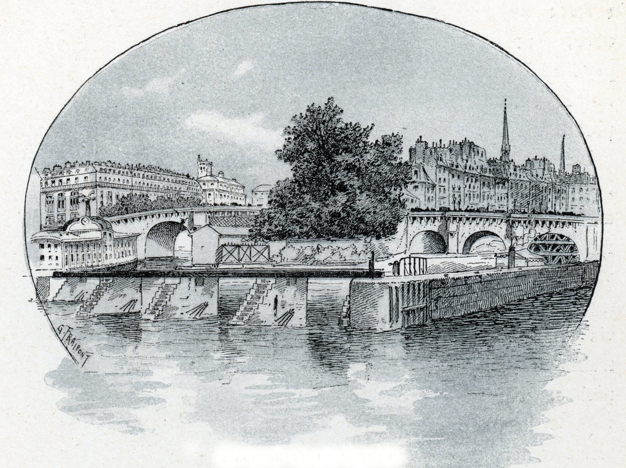 Vista da fechadura do Monnaie, em frente ao Hotel des Monnaie em Paris Desenho de Gustave Fraipont (1849-1923) sorteios de Saint-Juirs "La seine a travessa Paris" de Gustave Fraipont