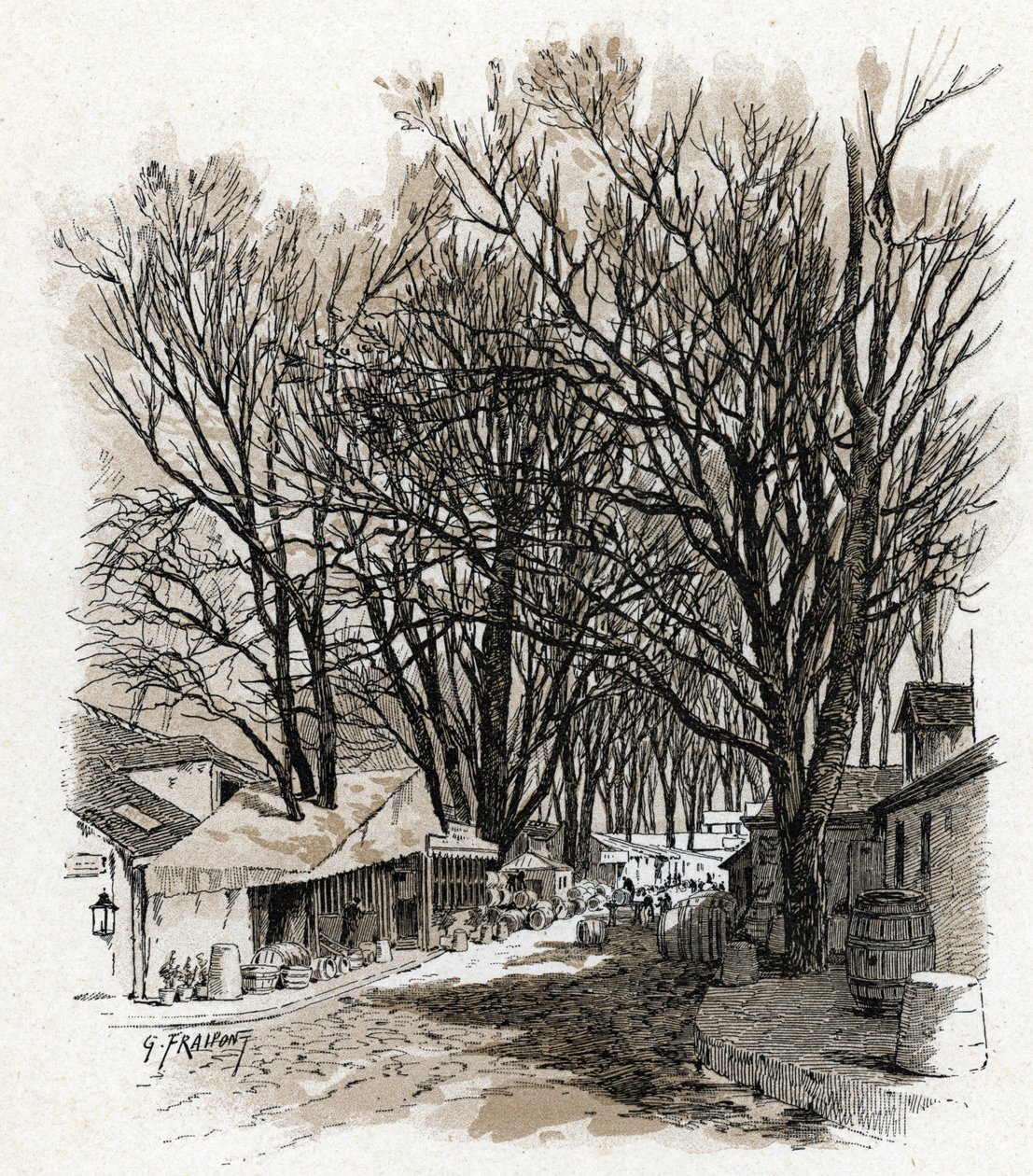 Vista do novo armazém da rue Leopold, bercy Paris (Vista do armazém da rue Leopold In bercy, Paris) Desenho de Gustave Fraipont (1849-1923) Desenhos de "La seine a travers Paris" de Saint-Juirs de Gustave Fraipont