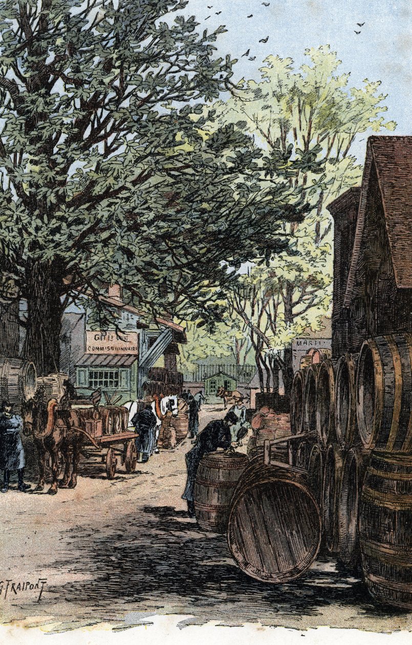 Vista do novo armazém na Rue Laroche, Bercy, Paris Armazéns de vinho da Rue Laroche em Bercy, Paris) Desenho de Gustave Fraipont (1849-1923) tiragem de "La seine a travers Paris" de Saint-Juirs de Gustave Fraipont