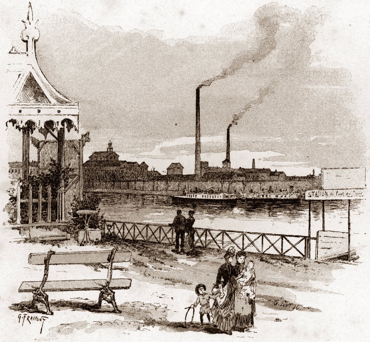 Vista do quai de Javel em Paris, actuel quai André-Citroen (Vista do quai Andre Citroen antigamente quai de Javel, Paris) Desenho de Gustave Fraipont (1849-1923) desenha de "La seine a travers Paris" de Saint-Juirs de Gustave Fraipont