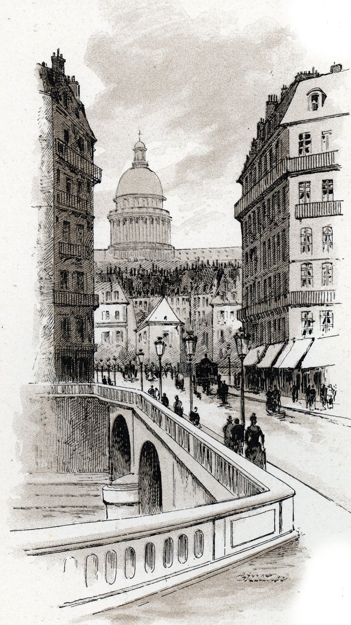 Vista da rue de Bellay e da cúpula do Panteão, Paris (Vista da rue du Bellay e da cúpula do Panteão, 5º distrito, Paris) Desenho de Gustave Fraipont (1849-1923) a partir de Saint-Juirs de Gustave Fraipont