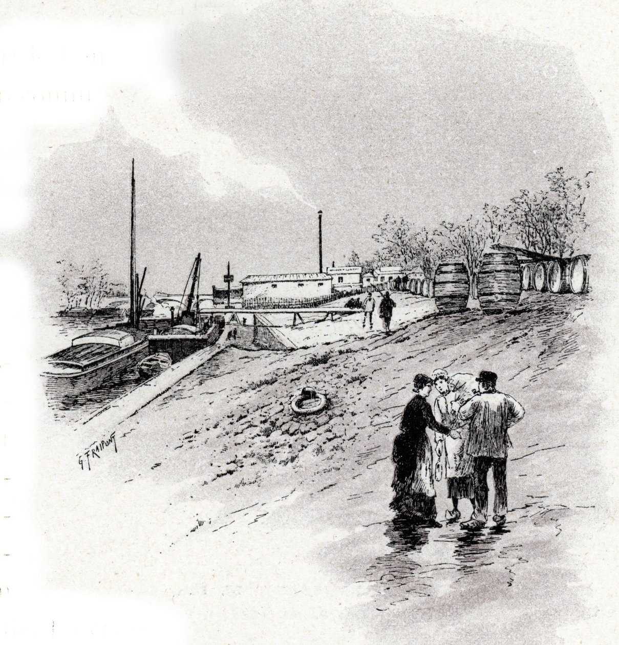 Vista das margens do rio Sena e do quai Saint-Bernard, Paris Desenho de Gustave Fraipont (1849-1923) desenha de "La seine a travers Paris" de Saint-Juirs de Gustave Fraipont