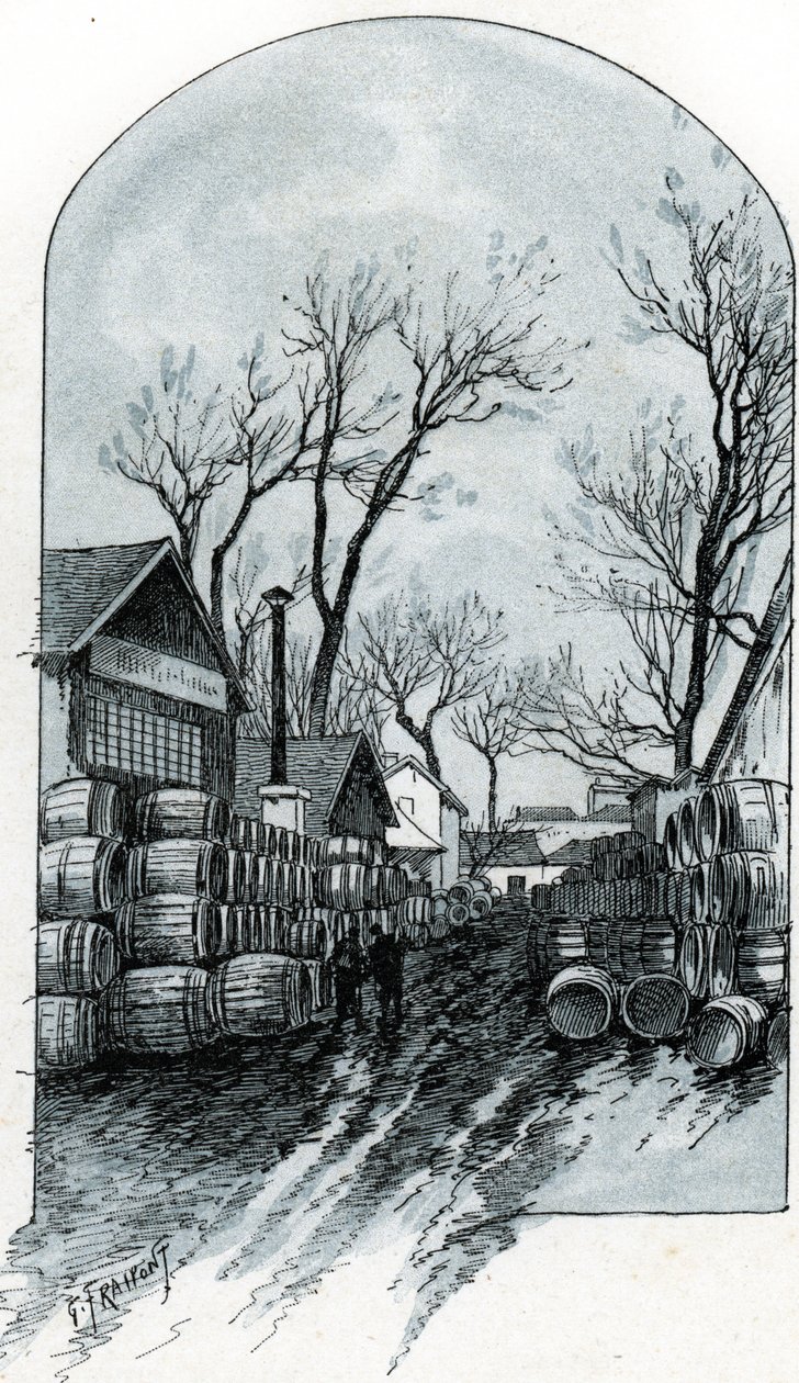 Vista do armazém da rue de Sauternes, Bercy, Paris (Vista do armazém da rue de Sauternes, Bercy, Paris) Desenho de Gustave Fraipont (1849-1923) Desenhos de "La seine a travers Paris" de Saint-Juirs de Gustave Fraipont
