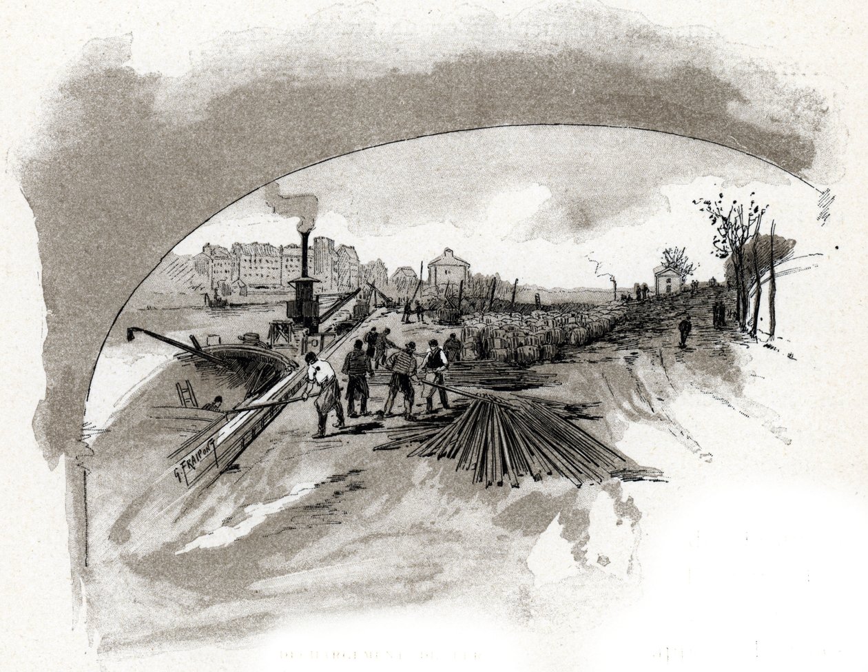 dechargement du fer sur le quai saint Bernard a Paris (Bolsas de ferro descarregadas pelos estivadores nas margens do rio Sena no quai Saint-Bernard em paris) Desenho de Gustave Fraipont (1849-1923) desenha de "La seine a travers Paris" de Saint-Juirs de Gustave Fraipont