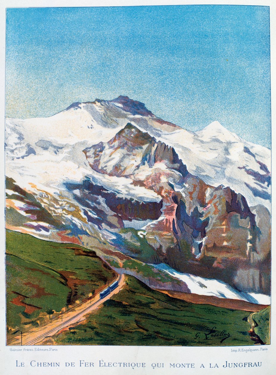A ferrovia elétrica para o Monte Jungfrau, Alpes Suíços, século XIX de Gustave Francois Lasellaz