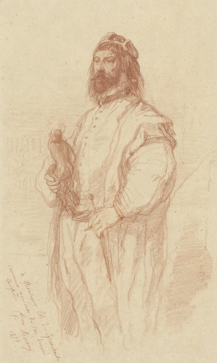 Homem de pé com estátua de Gustave François Morin