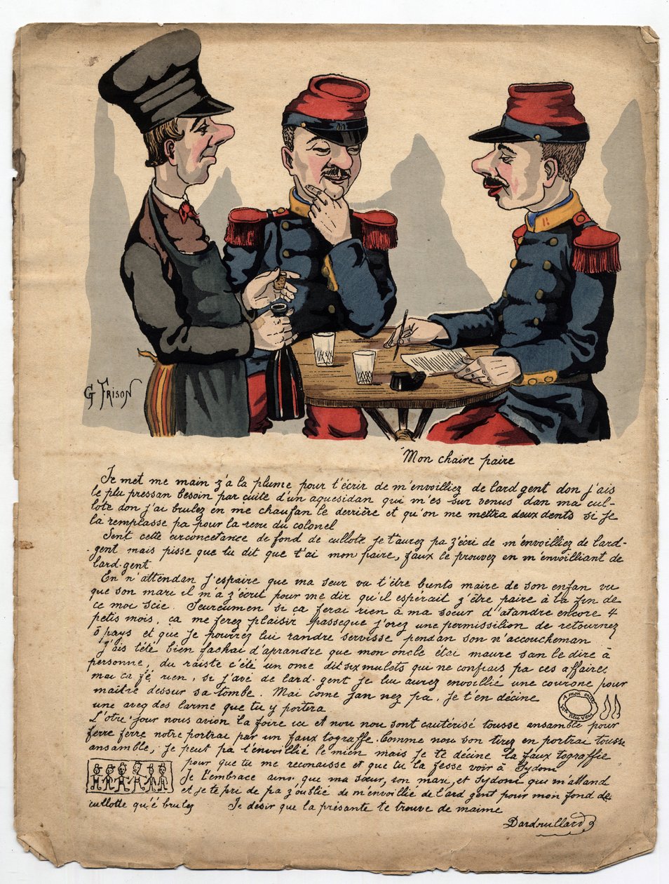 Uma carta absurda de um soldado escrita ao pai, com erros de ortografia e gramática, sobre dinheiro e família. Desenho de Gustave Frison em “The Pleasant World” Jornal semanal, cômico e sático de 1880. de Gustave Frison