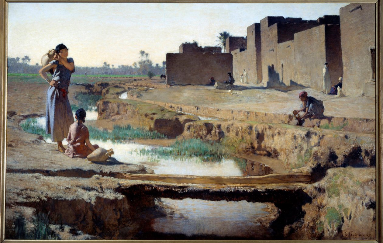 Orientalismo: "La Seguia perto de Biskra" Mulher e criança tomando água no rio em um oásis no deserto argelino. Pintura de Gustave Achille Guillaumet (1840-1887) 1884 Sol. 1x1,5 m Paris, musee d