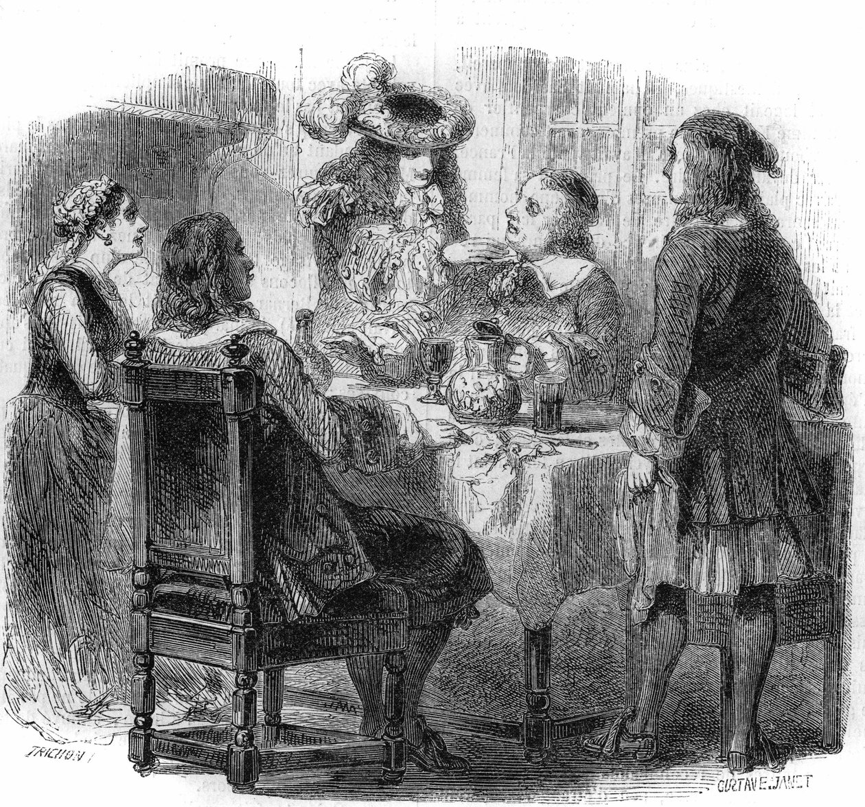 O czar russo Pedro o Grande (1672-1725), heberge na França com a família Kalf, observa a discussão entre o seu anfitrião e um bêbado, o Marquês de Bernardini. Gravura de Gustave Janet de Gustave Janet