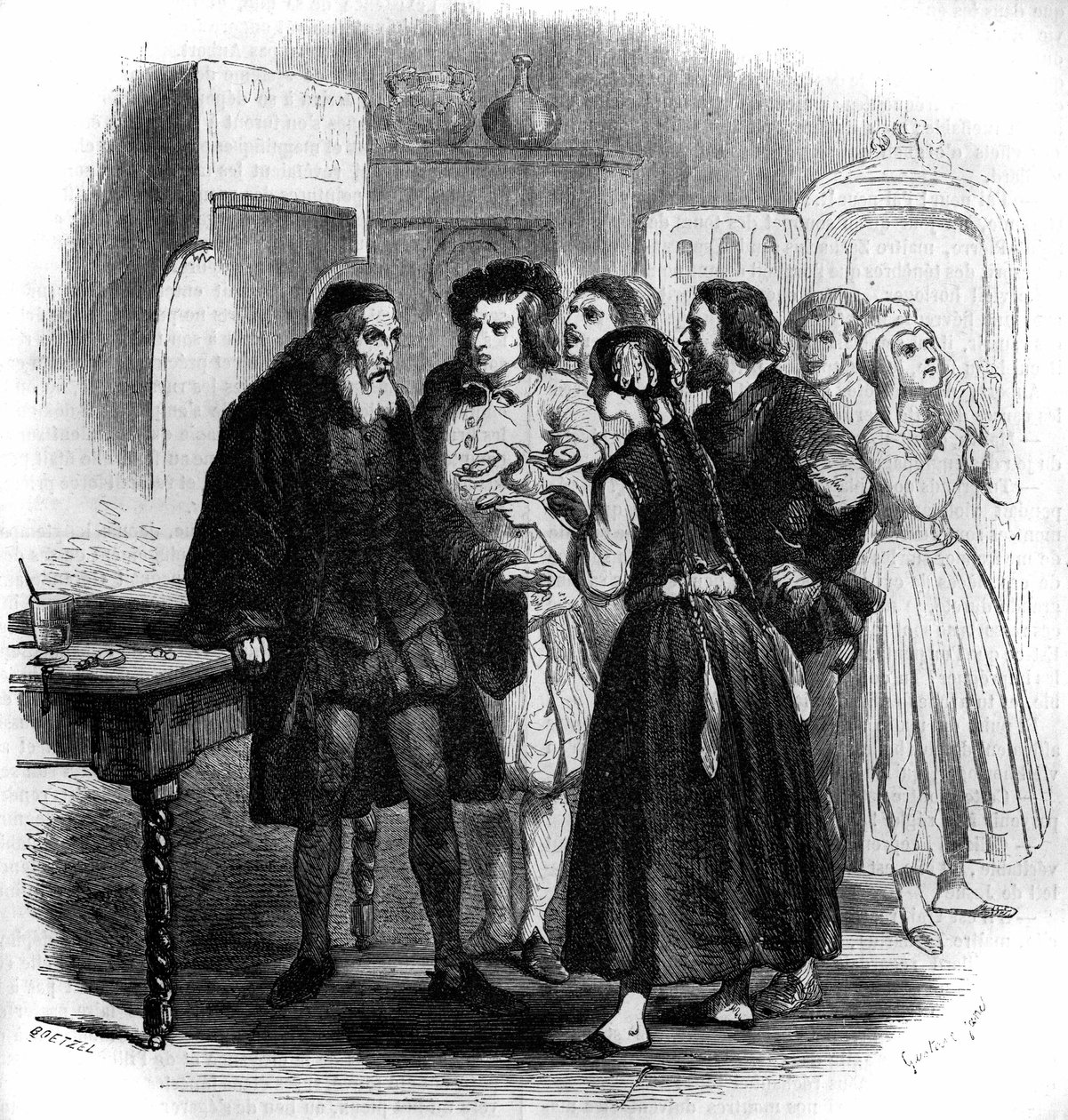 O povo de Genebra traz os seus relógios para o Zacharius. Ilustração do "Mestre Zacharius ou o relojoeiro que tinha perdido a sua alma", conto de fantasia de Júlio Verne (1828-1905). Gravura de Gustave Janet de Gustave Janet