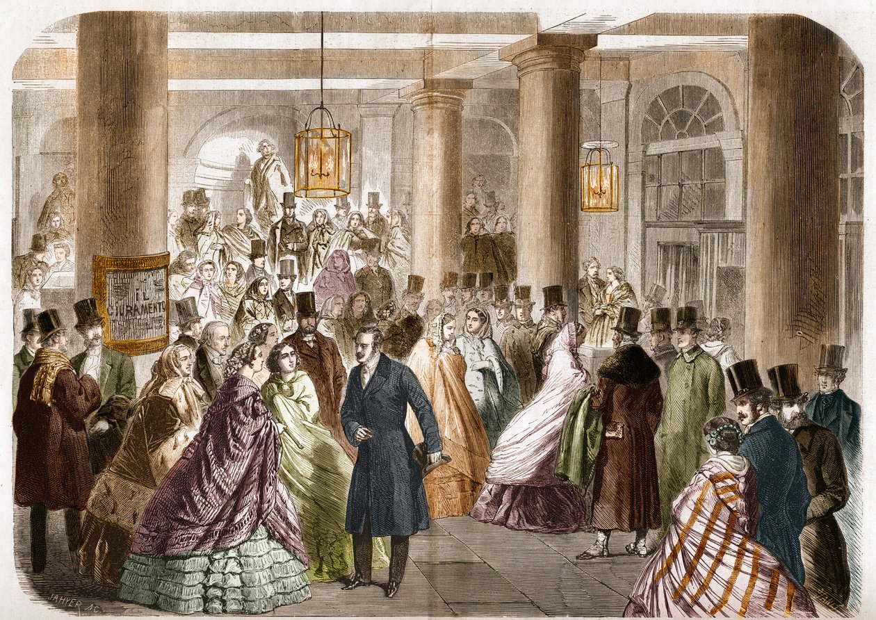 O teatro italiano (Salle Ventadour) foi lançado em Paris em 1858. Desenho de Gustave Janet, gravura de Jahyer. de Gustave Janet