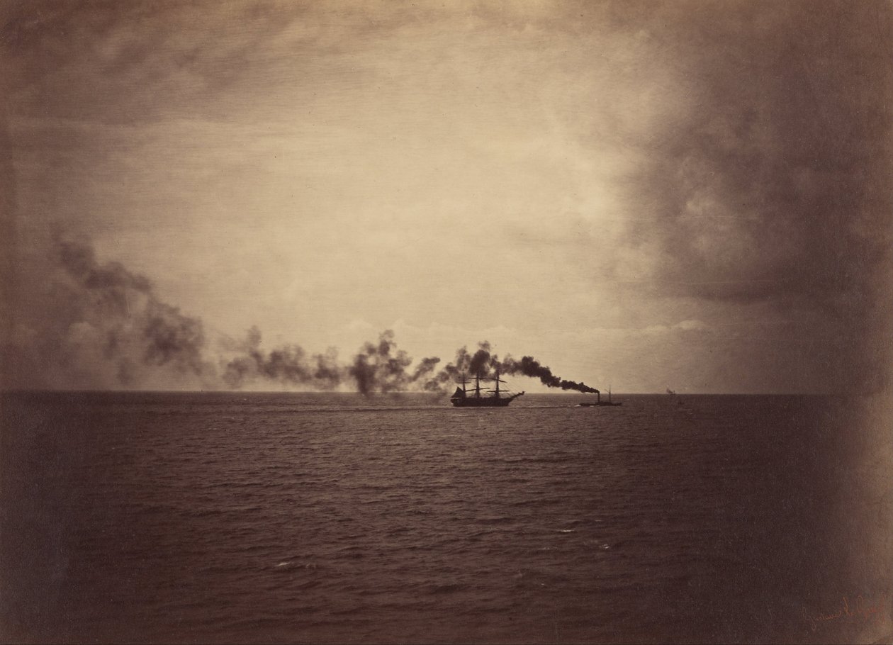 Paisagem marítima com barco à vela e rebocador de Gustave Le Gray