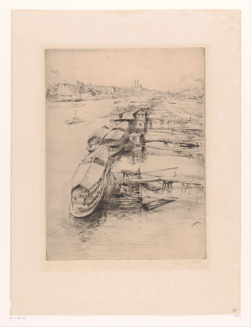 Barcos ancorados em Auteuil, Paris Les bateaux Parisiens, Auteuil de Gustave Leheutre (signed by artist)