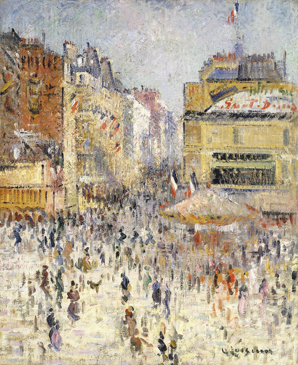Dia da Bastilha na Rue de Clignancourt, Paris; O Quartorze de julho em Paris, Rue de Clignancourt, de Gustave Loiseau