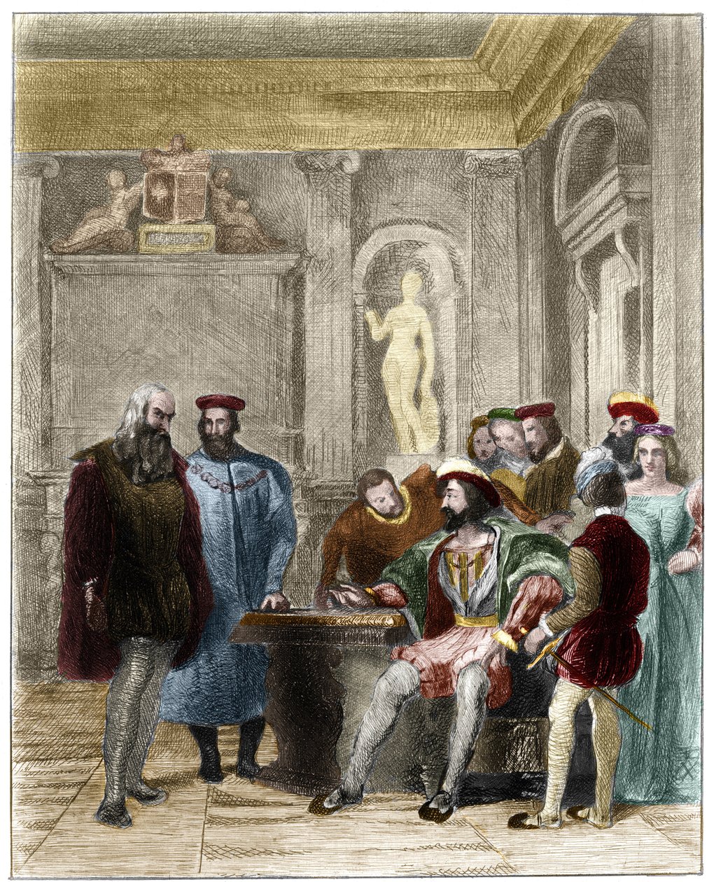 Leonard de Vinci na corte do rei de França François 1st (Leonardo da Vinci alla corte del re di Francia Francesco primo).gravura do século XIX de Gustave Greux. Colecção privada. de Gustave Marie Greux