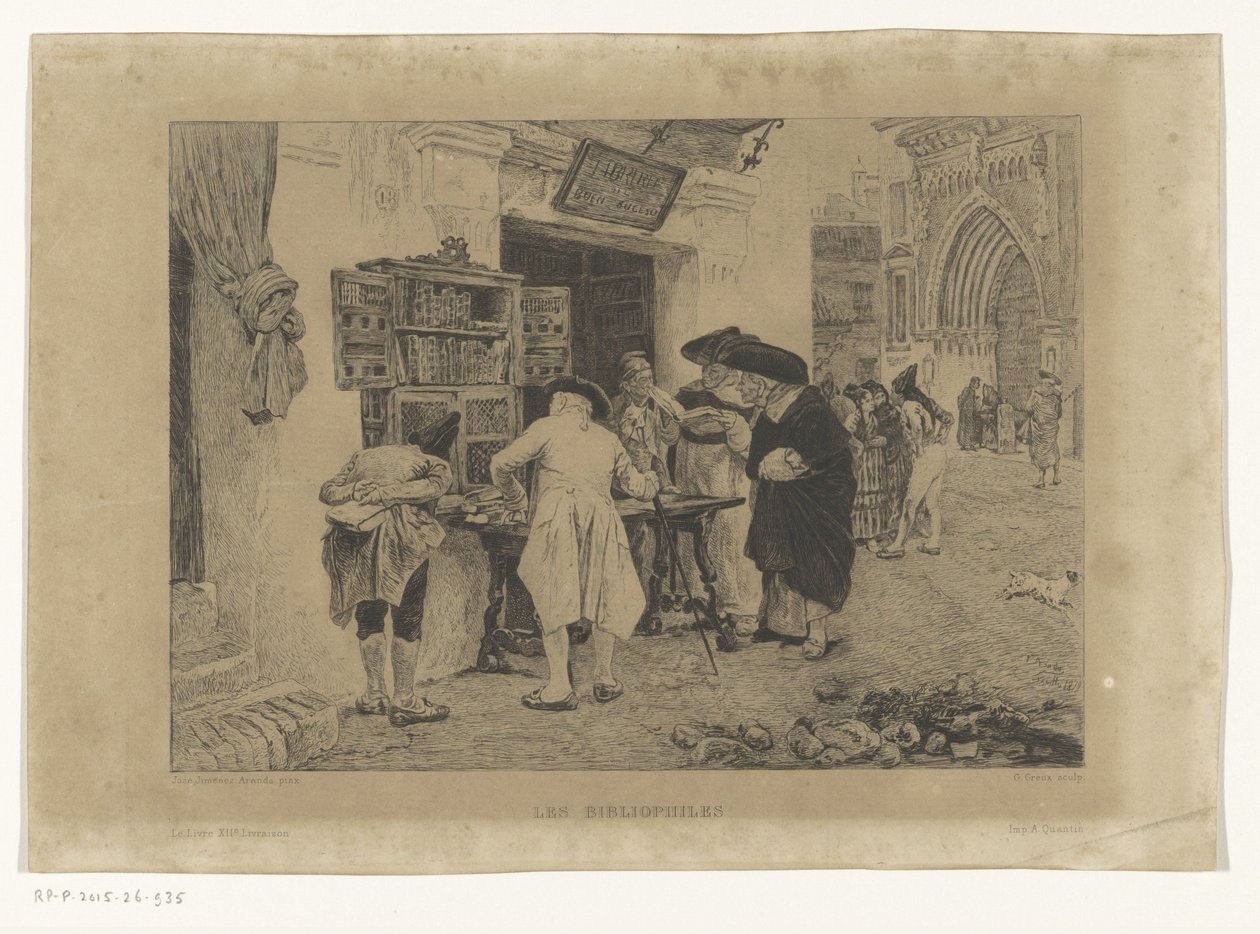 Homens reunidos em torno da exposição de um livreiro Les Bibliophiles (título no objeto) de Gustave Marie Greux