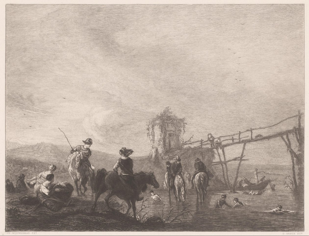 Descansando e nadando figuras em um banco Die pferdetränke (título no objeto) de Gustave Marie Greux