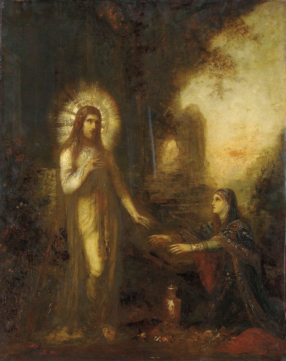 Cristo e Maria Madalena (Noli Me Tangere) c.1889 (óleo no painel) de Gustave Moreau