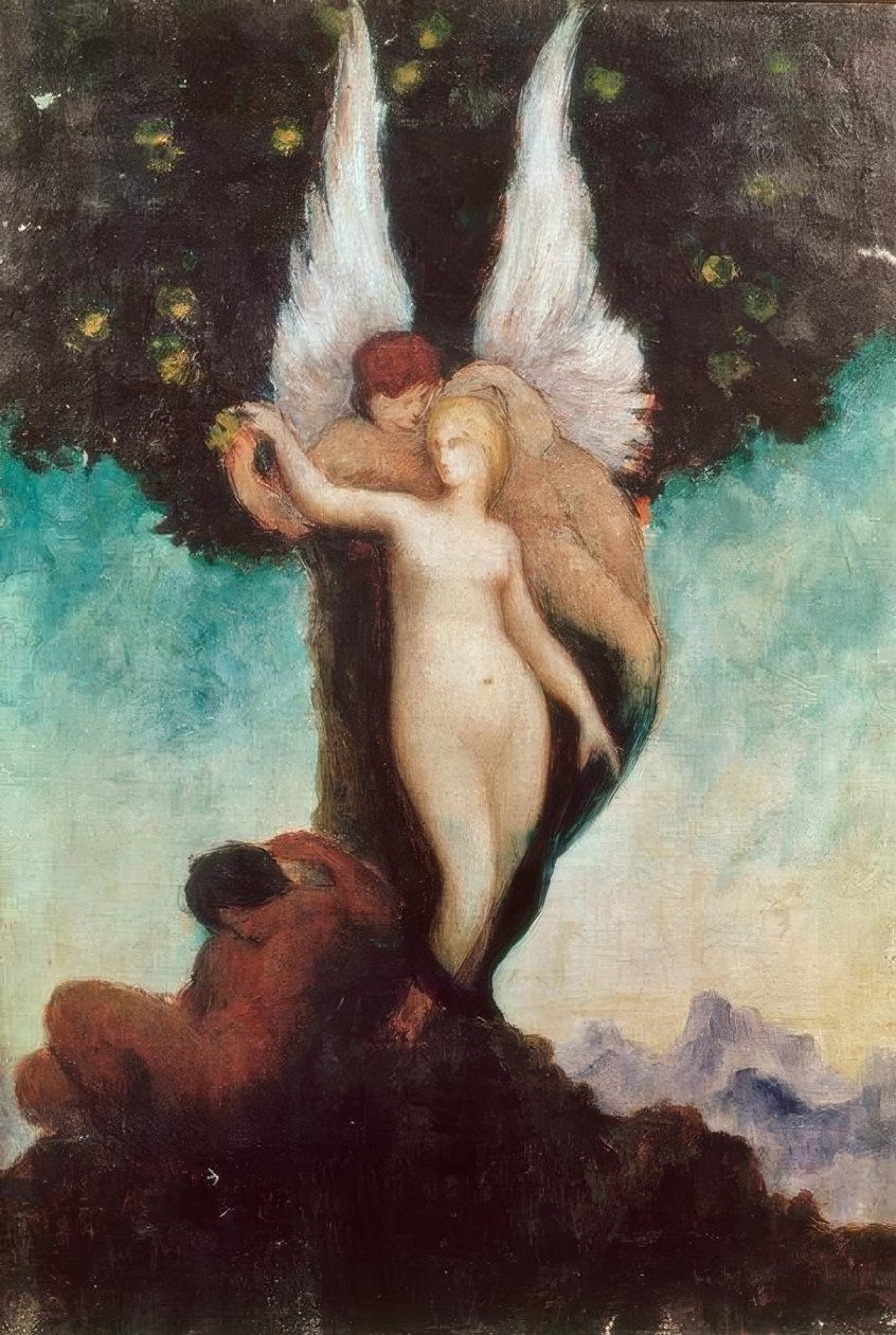 Cena imaginária com assunto antigo. Ephebe alado com w de Gustave Moreau