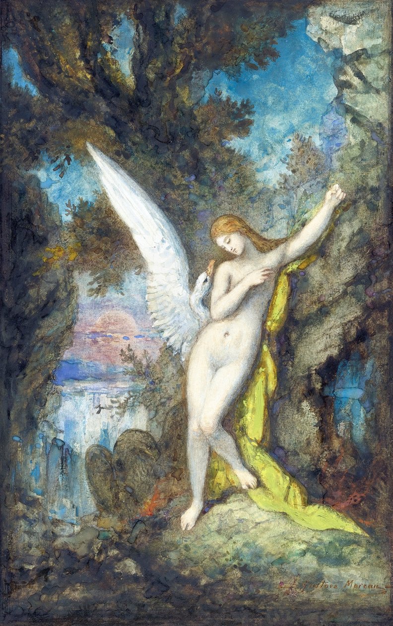 Leda e o Cisne par Moreau, Gustave (1826-1898), - Aquarela, Gouache sobre Papel, 34,2x22,2 - Coleção Particular de Gustave Moreau