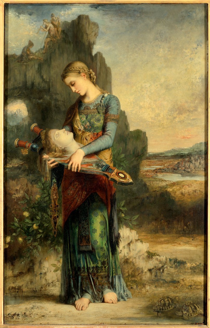 Orphee Uma rapariga trácia veste a cabeça do Orphee. Pintura de Gustave Moreau (1826-1898). 1865, óleo sobre madeira, Dim. 1,54x0,99 m Paris, Musee d