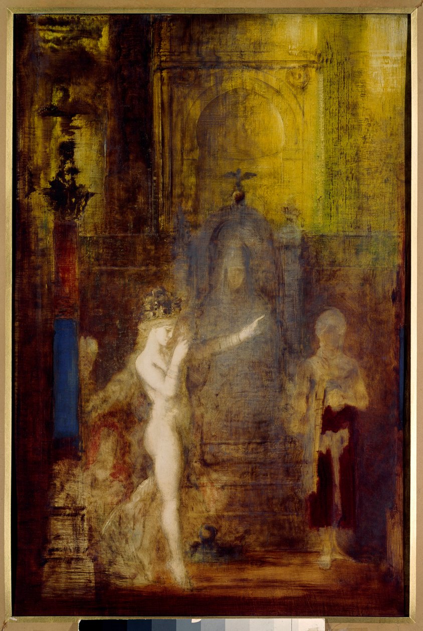 Salomé dança em frente ao Herode Salomé dança no salão de banquetes do Herode. Herodes sentada num trono alto é fascinada pela beleza do mágico. Pintura de Gustave Moreau (1826-1898) de Gustave Moreau
