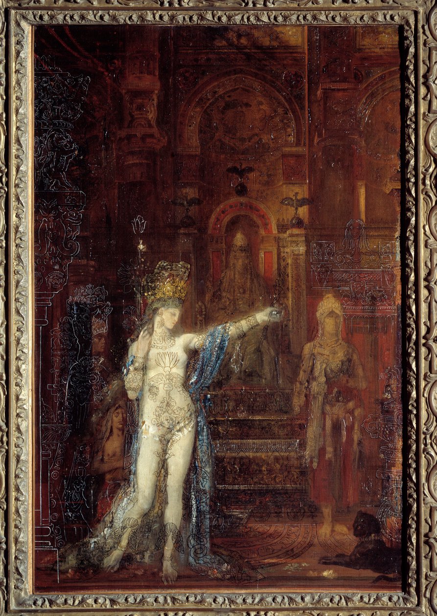 Tatuagem da Salomé. A Salomé dança no salão da festa de Herode. Herodes sentado em um trono alto é fascinado pela beleza do mágico. Pintura de Gustave Moreau (1826-1898) de Gustave Moreau