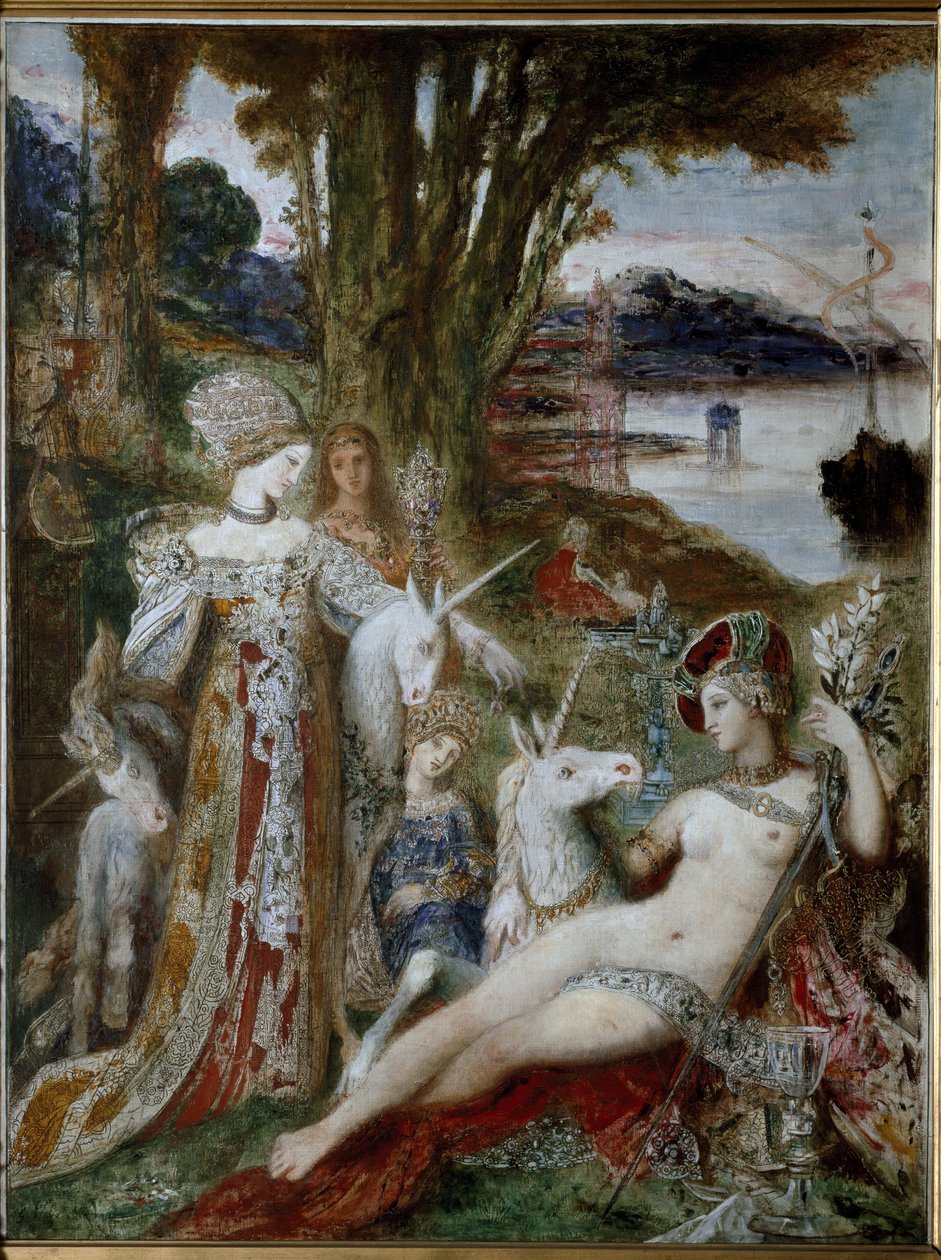 Os Unicórnios - Óleo sobre tela, cerca de 1885 de Gustave Moreau
