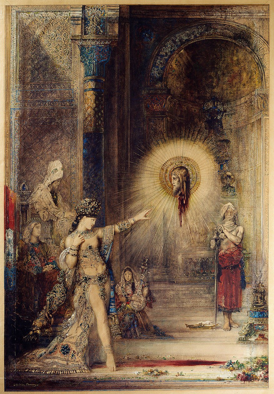 A aparição La tete decollee de Jean Baptiste aparece em frente à bailarina Salomé na corte de Herodes I o Grande (73-4 AC). Aquarela de Gustave Moreau (1826-1898) 1876 Sol. 1,06 x 0,72 m. Paris, Musee d