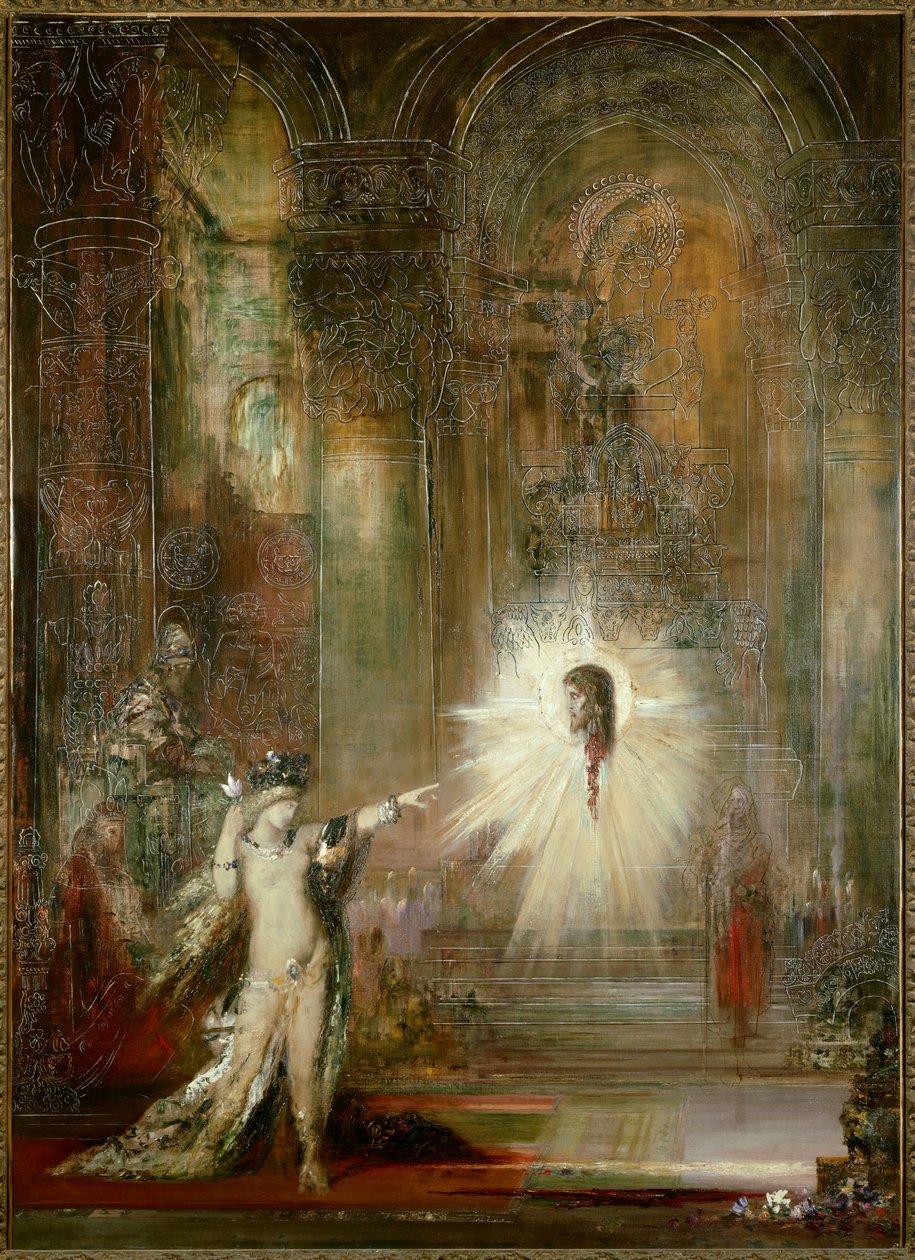A aparência. Salomé, depois de dançar no salão da festa de Herodes, pergunta à cabeça de São João Batista. Ela aponta o dedo para a cabeça do profeta enquanto Herodiade fica atrás dela. Quadro de Gustave Moreau de Gustave Moreau