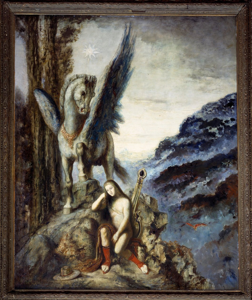 O poeta viajante Um viajante pensativo e meditativo perto da asa dos cavalos Pegase. Quadro de Gustave Moreau de Gustave Moreau
