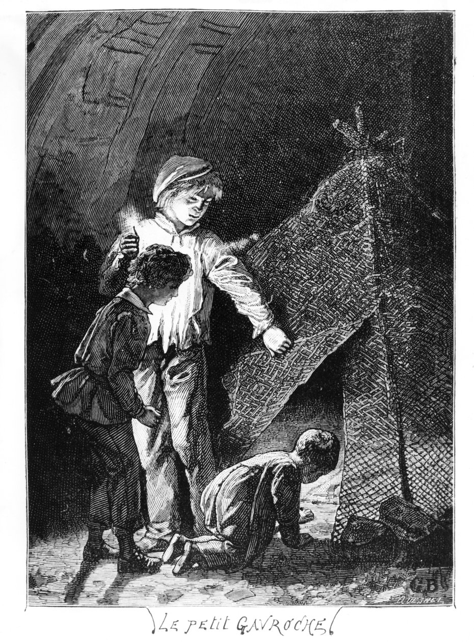 Gavroche e seus dois irmãos no elefante da Bastilha, ilustração de Les Miserables (1845-62) por Victor Hugo (1802-85), c. 1885 de Gustave after Brion