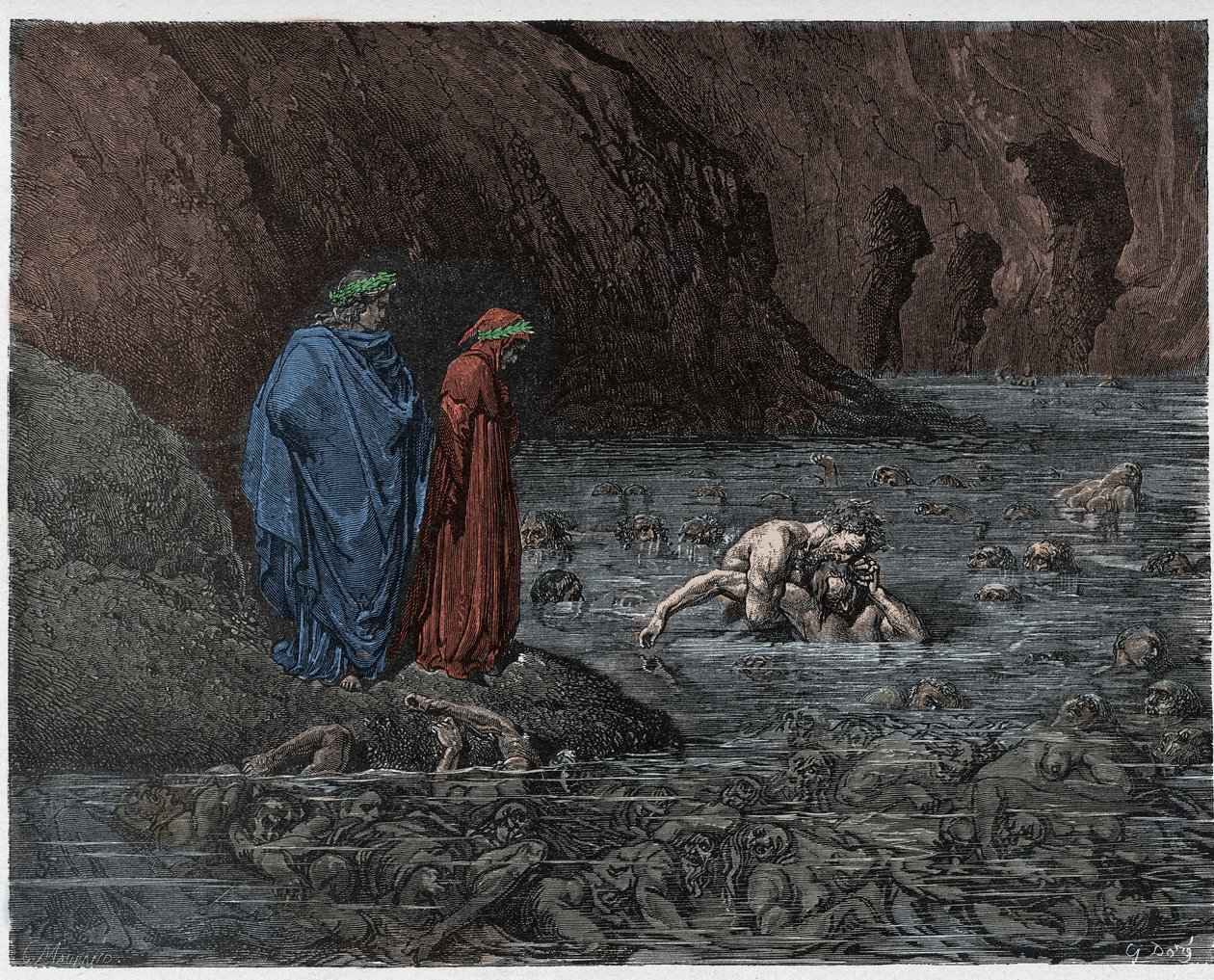 Inferno, Canto 32: Ugolino (Ugolin de Gherardesca) atormenta a cabeça do Arcebispo Ruggieri (Ruggeri Ubaldini), ilustração da Divina Comédia de Dante Alighieri, 1885 (colorida digitalmente e de Gustave after Dore