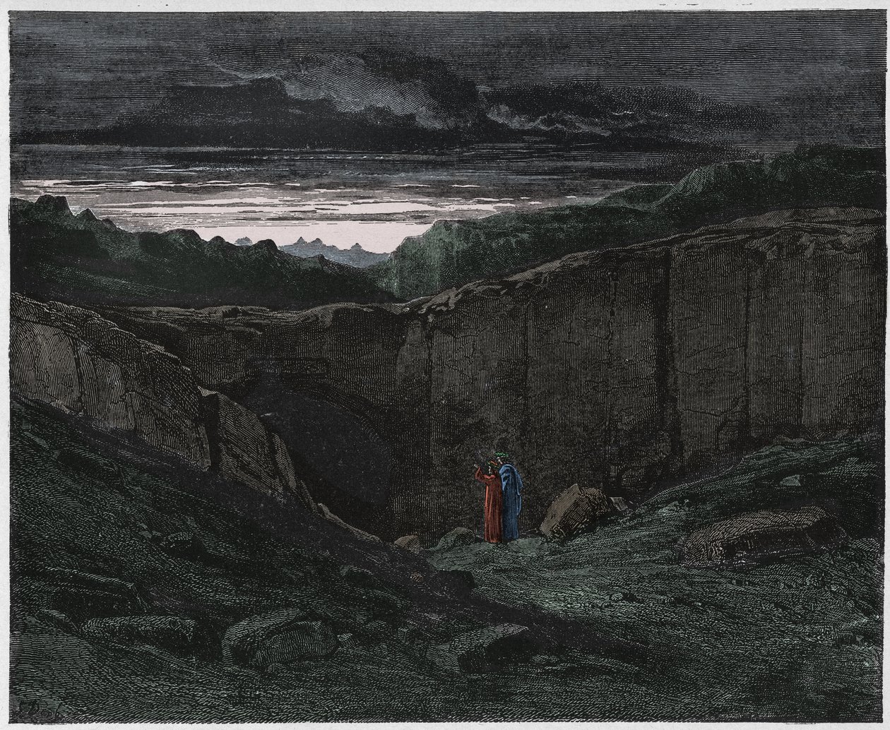Inferno, Canto 3: Virgílio e Dante às portas do Inferno, ilustração da Divina Comédia de Dante Alighieri, 1885 (gravura digital colorida) de Gustave after Dore