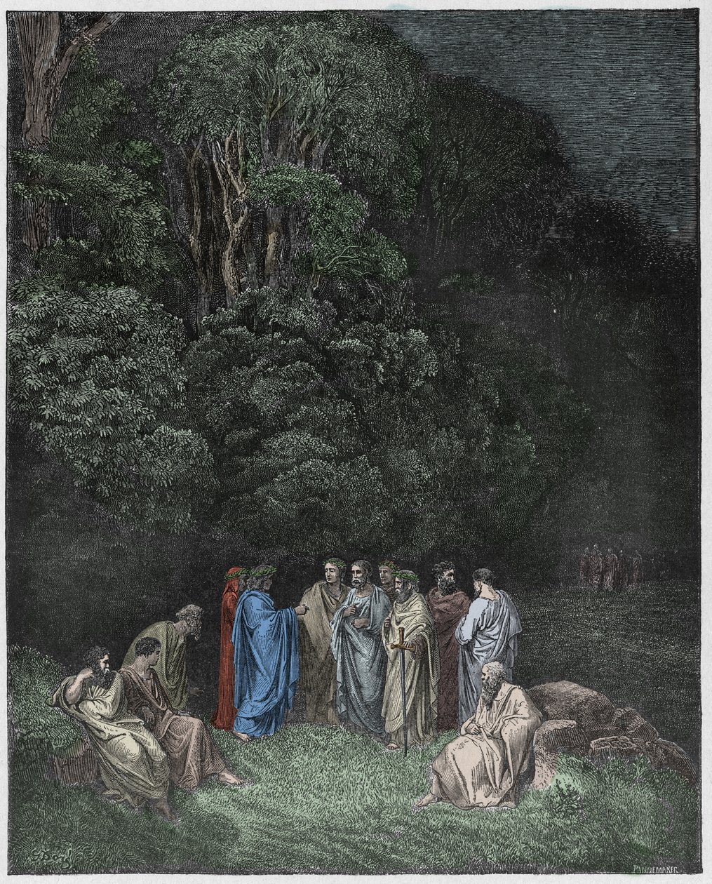 Inferno, Canto 4: Homero, os poetas e heróis no Limbo, ilustração da Divina Comédia de Dante Alighieri, 1885 (gravura digital colorida) de Gustave after Dore