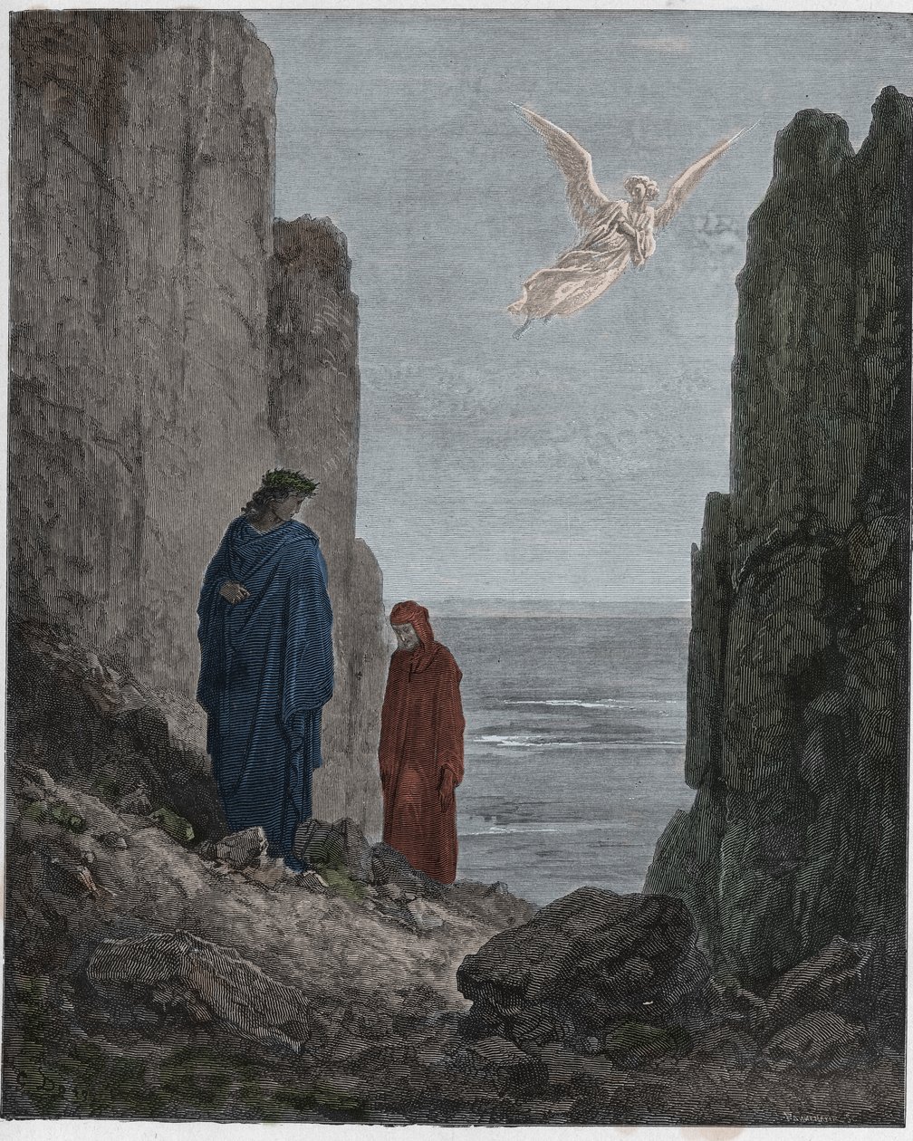 Purgatorio, Canto 19: Os poetas ascendem ao quinto círculo, ilustração da Divina Comédia de Dante Alighieri, 1885 (gravura digital colorida) de Gustave after Dore