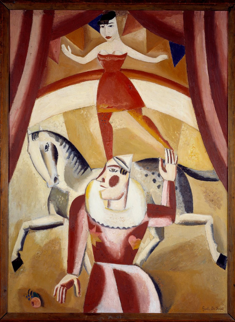 Circo III Um acrobata Ecuyere em equilíbrio num cavalo e um palhaço numa pista de circo dando um espectáculo. Pintura de Gustave de Smet (1877-1943) 1926 Sol. 1,3x1,1 m Grenoble, Musee des Beaux Arts Atenção! A utilização desta obra pode ser sujeita a uma  de Gustave de Smet