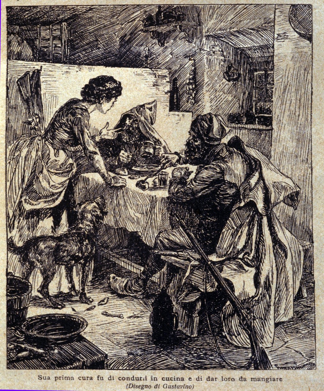 Sua primeira preocupação foi levá-los para a cozinha e alimentá-los... Ilustração da nova “”Colomba”” escrita por Prosper Merimee. Gravura de Gustavino (Gustavo Rosso) (1881-1950), cerca de 1915 de Gustavo Gustavino Rosso