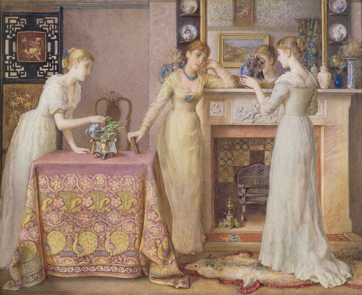 Três irmãs, um interior estético de artes e ofícios, 1877 (wc no papel) de Gustavus Arthur Bouvier