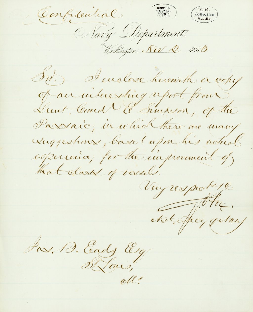 Carta assinada por G.V. Fox, Departamento da Marinha, Washington, para o Jas. B. Eads [James B. Eads], St. Louis, Mo., 2 de Novembro de 1863 de Gustavus Vasa Fox