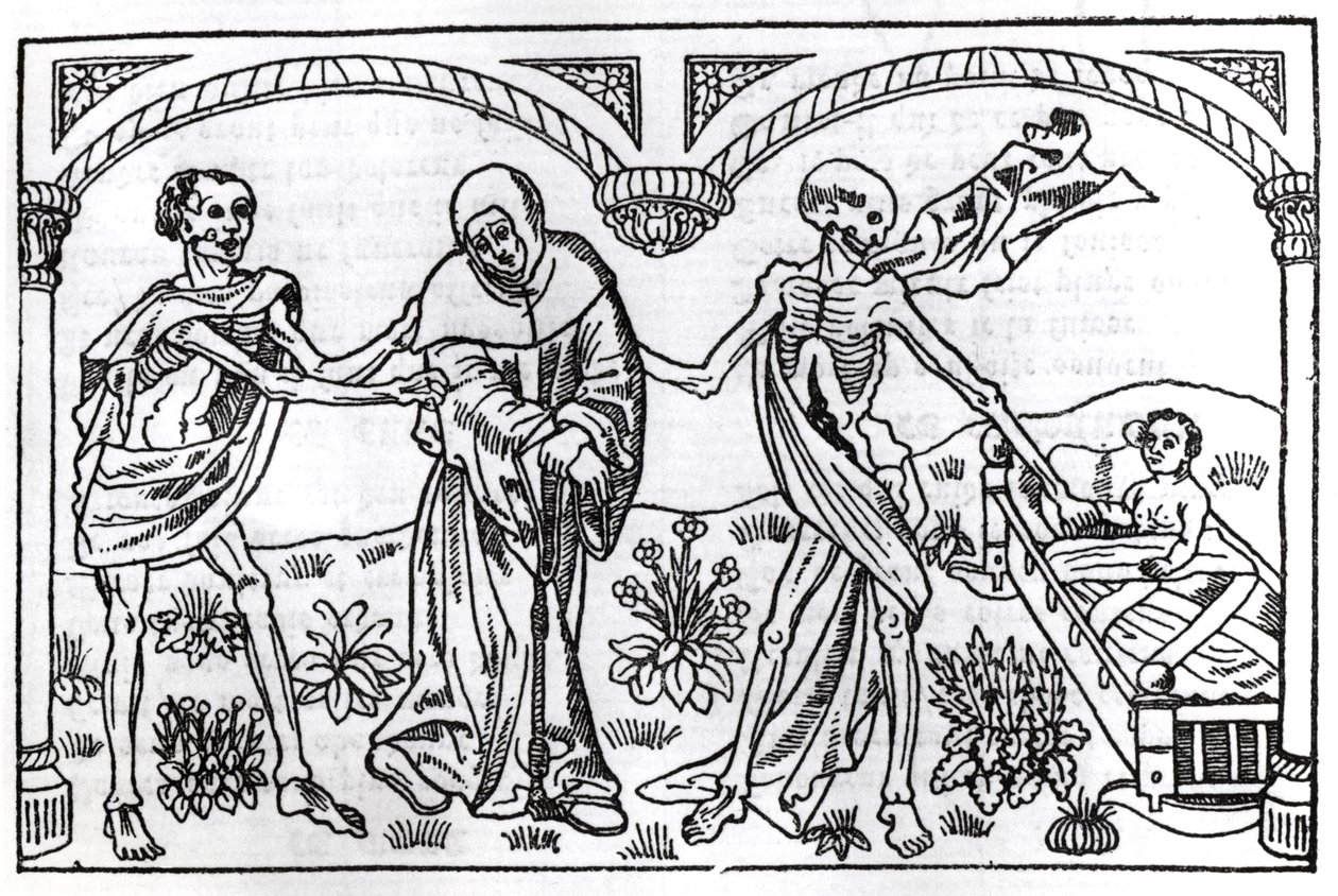 Morte levando o mendigo e a criança, do Danse Macabre, publicou Paris, 1485 de Guy Marchant