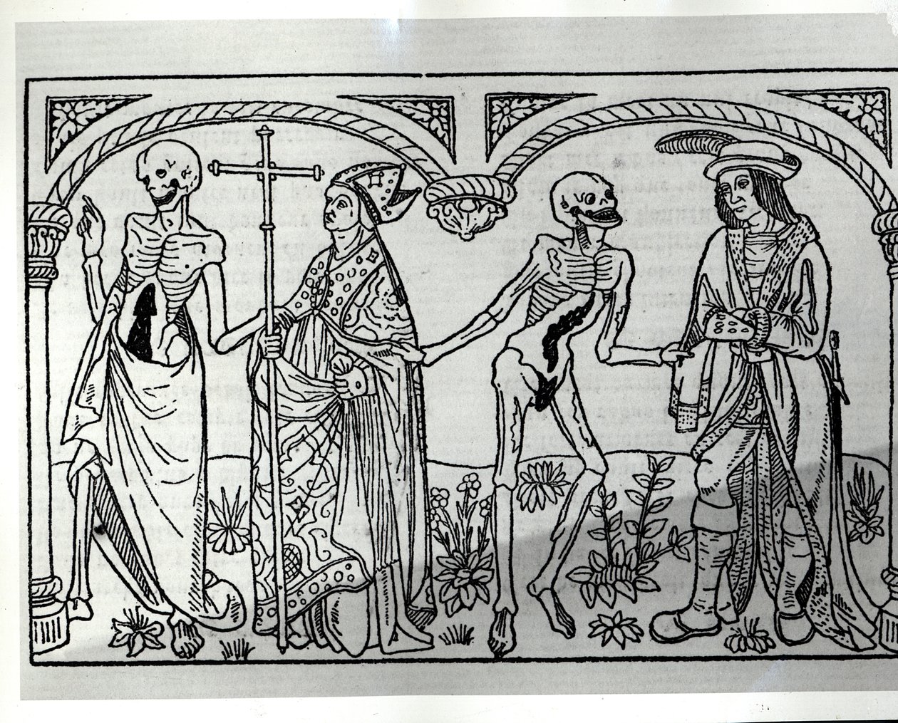 Morte tomando o Bispo e o Nobre, do Danse Macabre, publicou Paris, 1485 de Guy Marchant