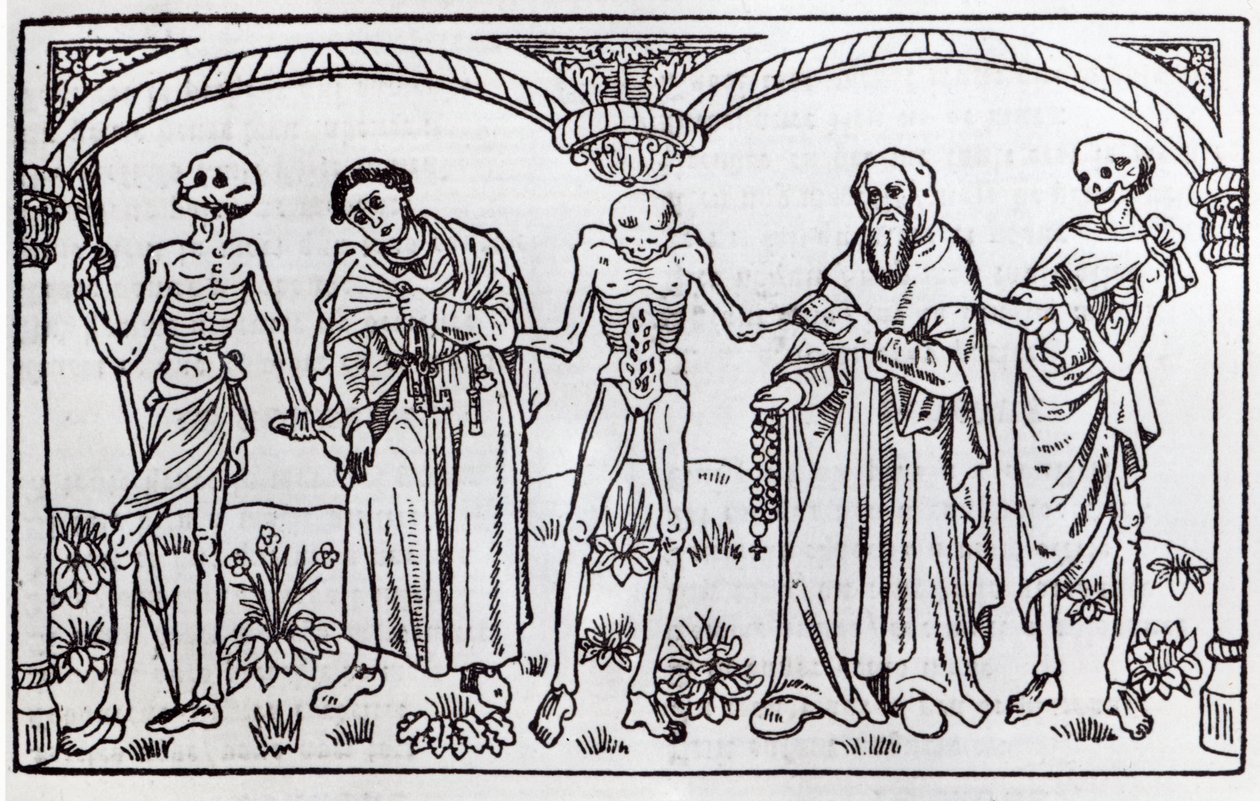 Morte levando o Monge e o Abade, do Danse Macabre, publicou Paris, 1485 de Guy Marchant