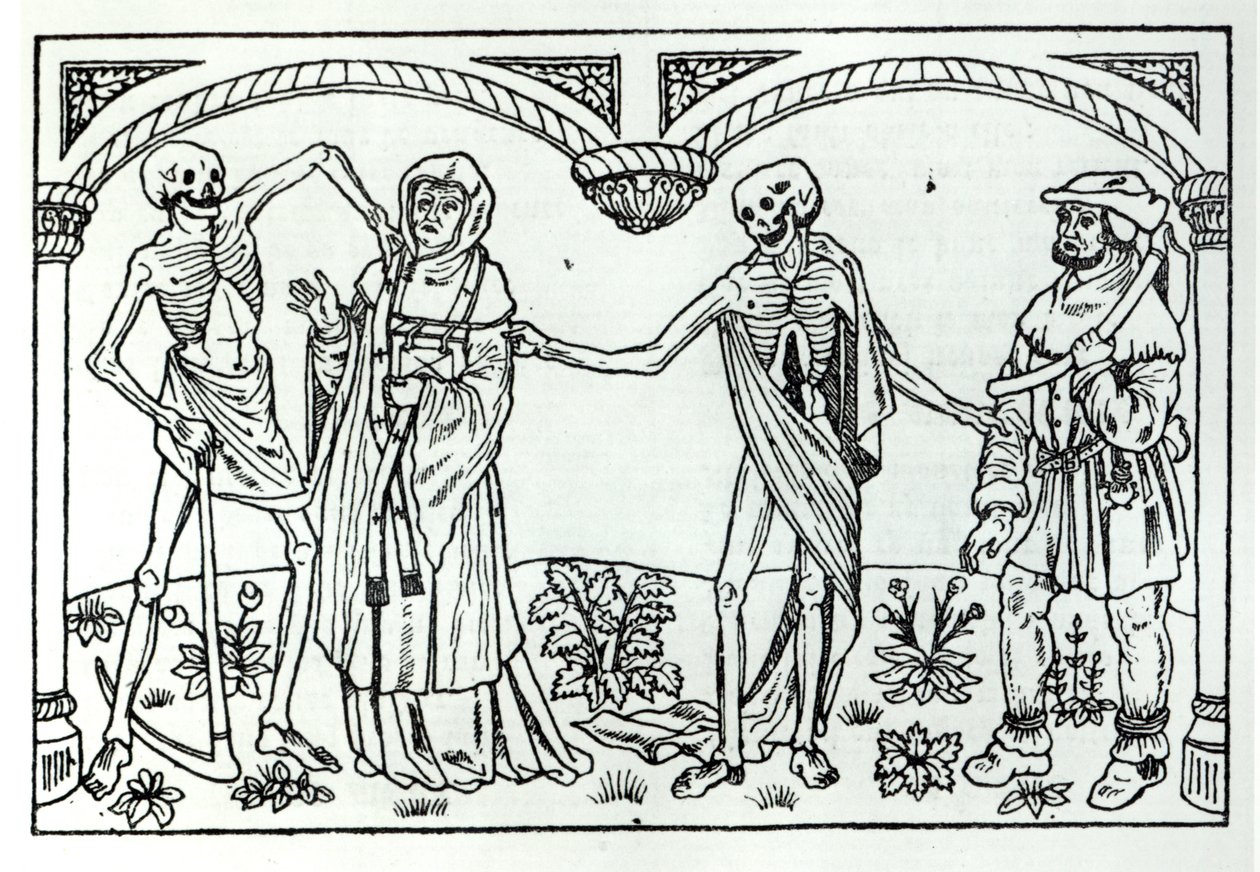 Morte levando o padre e o camponês, do Danse Macabre, publicou Paris, 1485 de Guy Marchant