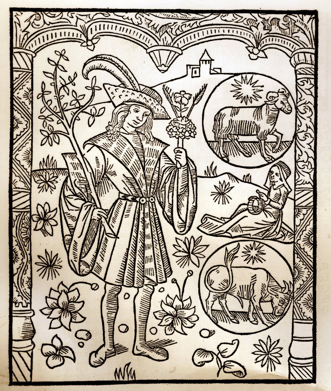 Calendário dos Pastores - Os Trabalhos dos Meses - Abril - Corte de madeira do livro de 1496 impresso por Guy Marchant (Guido Mercator) em Troyes - Gravura em madeira em "Le grand Calendrier et compost des shepherds" - de Guy Marchant