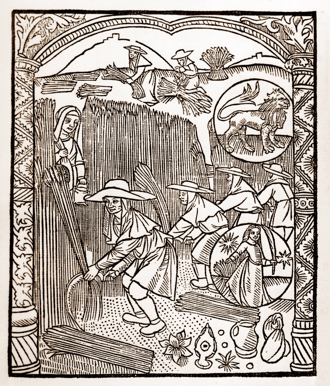 Calendário dos Pastores - Os Trabalhos dos Meses - Agosto - Corte de madeira do livro de 1496 impresso por Guy Marchant (Guido Mercator) em Troyes - Gravura em madeira em "Le grand Calendrier et compost des shepherds" - de Guy Marchant